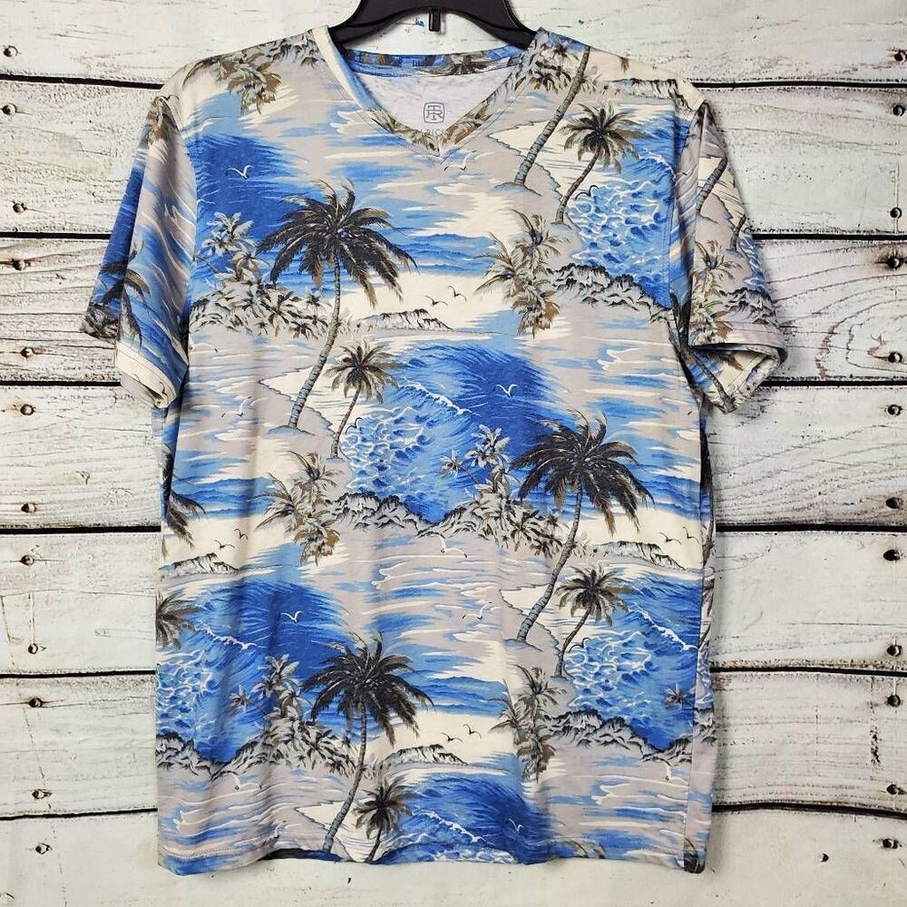 Tori Richards Honolulu Large Blue Beach Scene SS T-Shirt